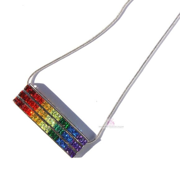 7 Colors Gods Promise Rainbow Cubic Zirconia CZ Triple Multi 3 Row Bar Necklace - Picture 5 of 9